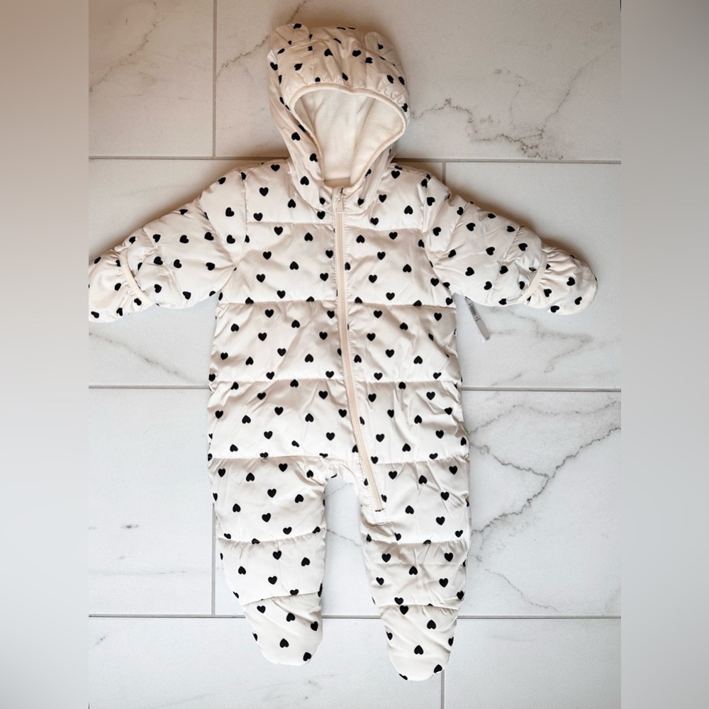 Baby Heart-Print Puffer Snowsuit - White
